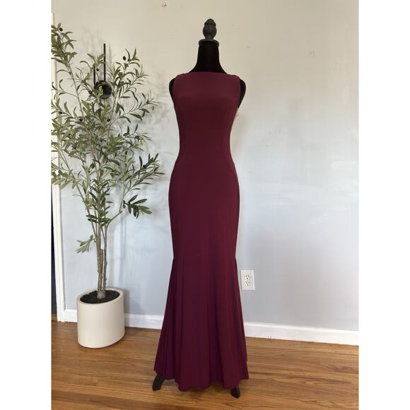 Jovani Burgundy Bateau Neck Long Prom Wedding Gown Size 6 Mermaid Tail Elegant - Picture 2 of 9